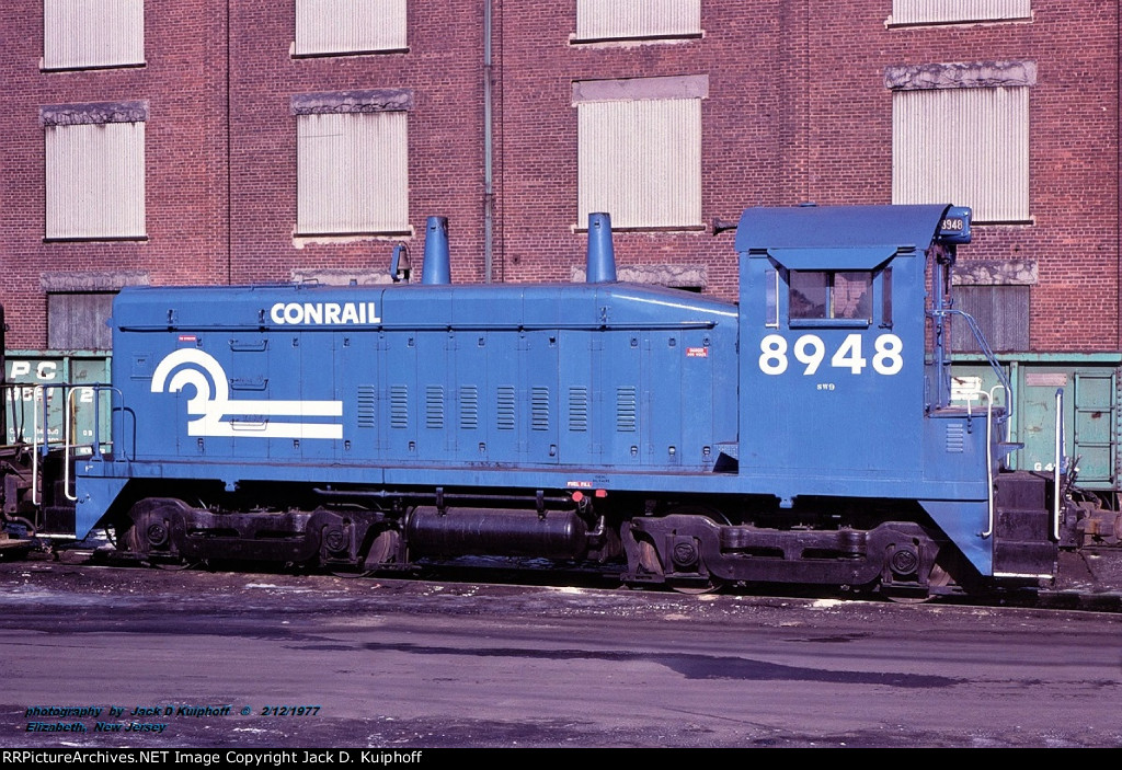 Conrail, CR 8948 SW9, ex-CNJ shops at Elizabeth Port, New Jersey. February 2, 1977. 